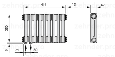 Схема (чертеж) Радиатор Zehnder Charleston 2035/9 №3370 Белый глянцевый RAL 9016